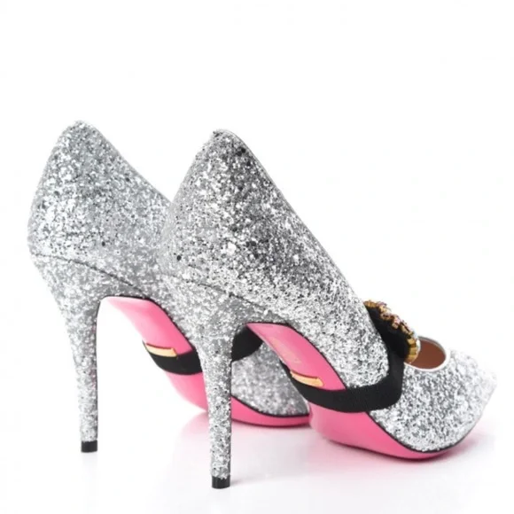 Gucci Argento silver glitter pumps with removable heart crystal detail - Picture 6 of 12